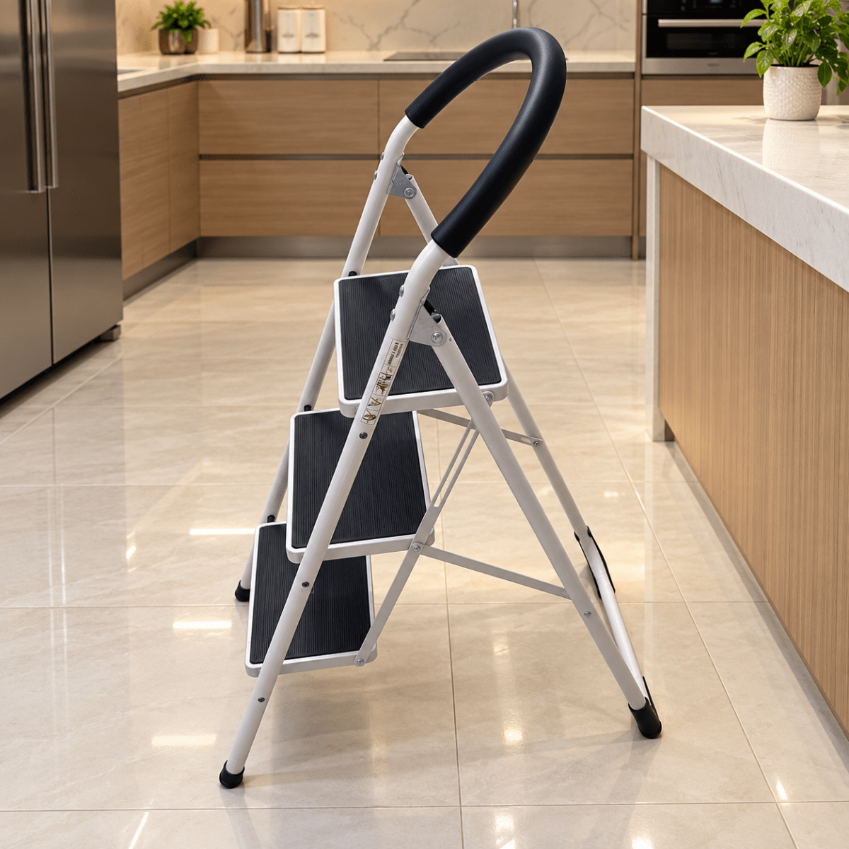 3-Step Folding Steel Household Ladder with Padded Safety Handrail – White & Black - Al Thahani Furniture