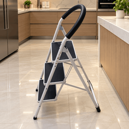 3-Step Folding Steel Household Ladder with Padded Safety Handrail – White & Black - Al Thahani Furniture