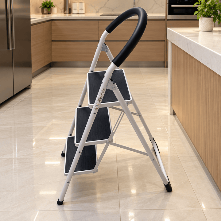 3-Step Folding Steel Household Ladder with Padded Safety Handrail – White & Black