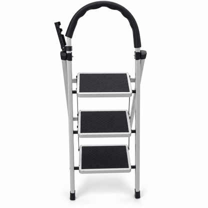 3-Step Folding Steel Household Ladder with Padded Safety Handrail – White & Black - Al Thahani Furniture