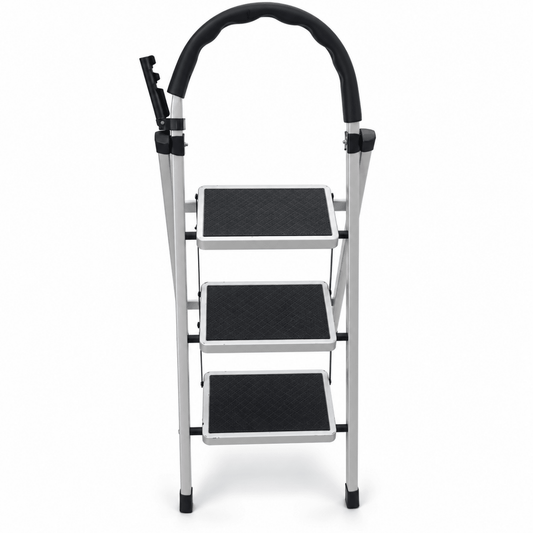 3-Step Folding Steel Household Ladder with Padded Safety Handrail – White & Black - Al Thahani Furniture