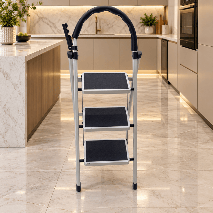3-Step Folding Steel Household Ladder with Padded Safety Handrail – White & Black