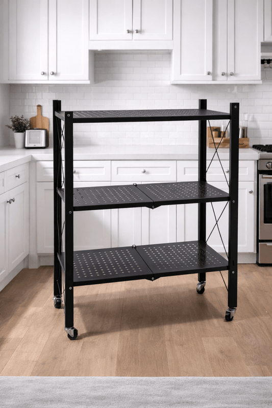 3 - Tier Folding Shelf with Wheels – Heavy Duty Metal, 70 cm Wide, 70x34x87 cm, Black – Kitchen, Garage, Office - althahanifurniture