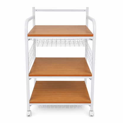 3-Tier Rolling Microwave Stand / Kitchen Utility Cart | White & Wood-Grain, 60x51x110 cm - used 4 months - Al Thahani Furniture