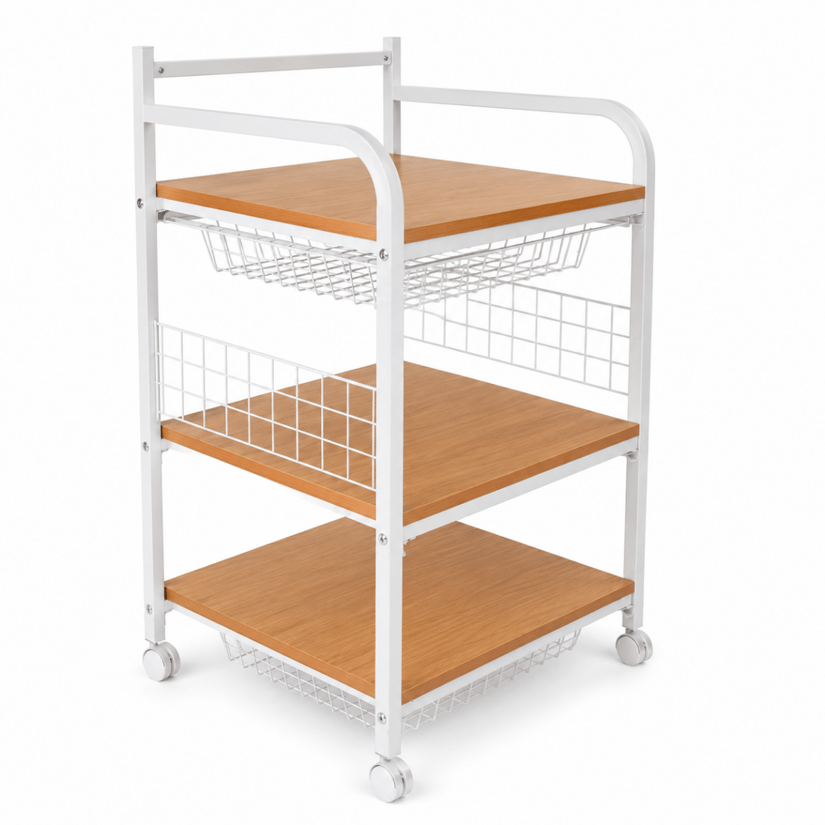 3-Tier Rolling Microwave Stand / Kitchen Utility Cart | White & Wood-Grain, 60x51x110 cm - used 4 months - Al Thahani Furniture