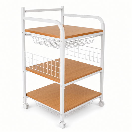 3-Tier Rolling Microwave Stand / Kitchen Utility Cart | White & Wood-Grain, 60x51x110 cm - used 4 months - Al Thahani Furniture