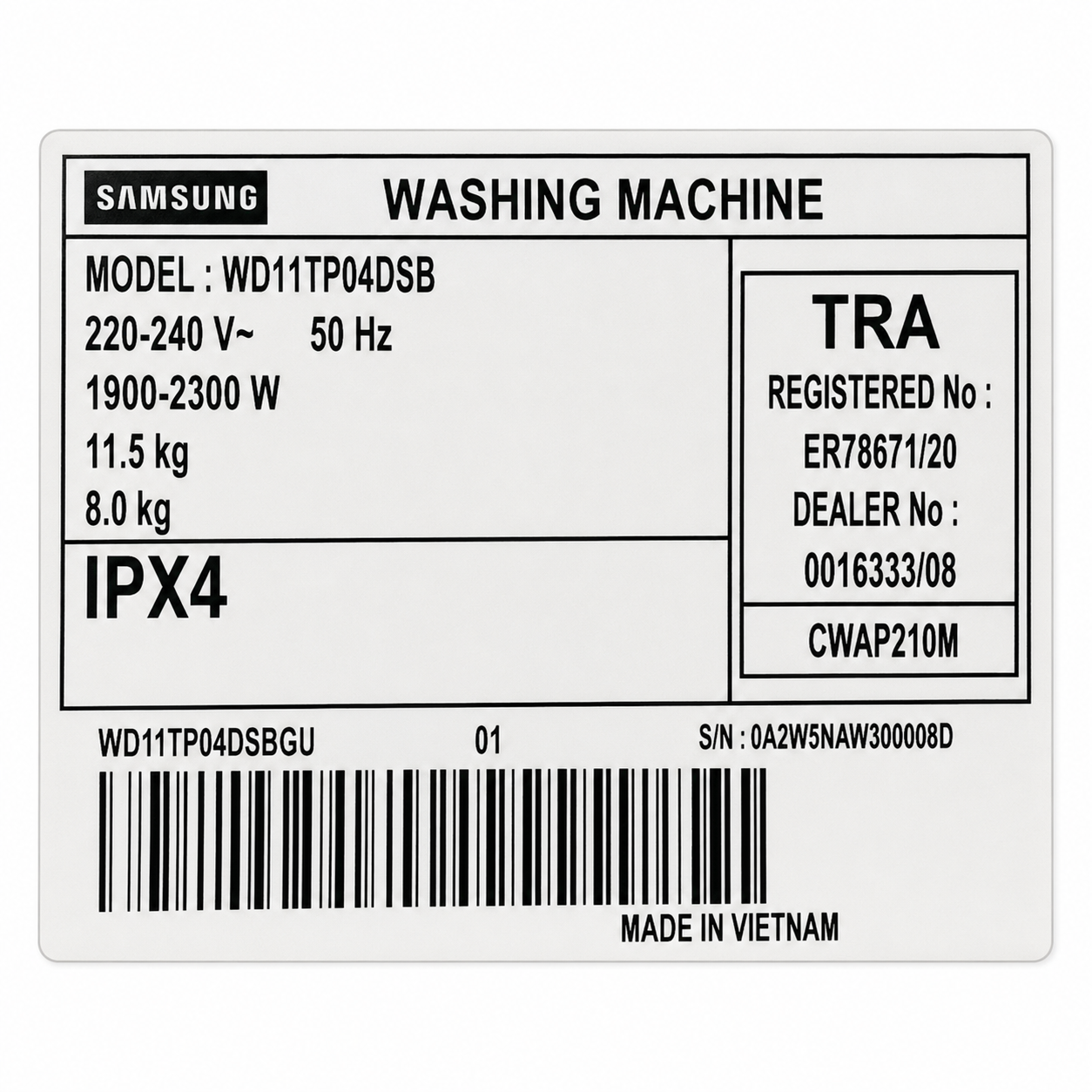 Samsung WD11TP04DSB/GU 11.5kg Washer & 8kg Dryer Combo with AI Control | Black