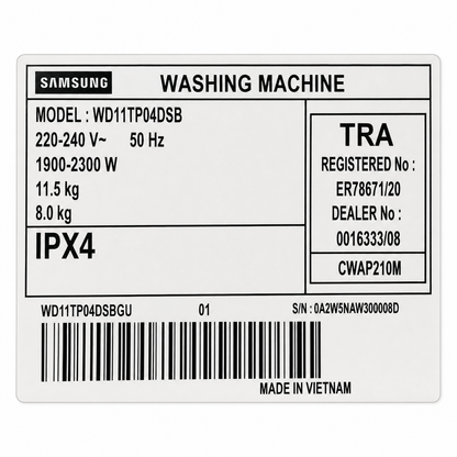 Samsung WD11TP04DSB/GU 11.5kg Washer & 8kg Dryer Combo with AI Control | Black