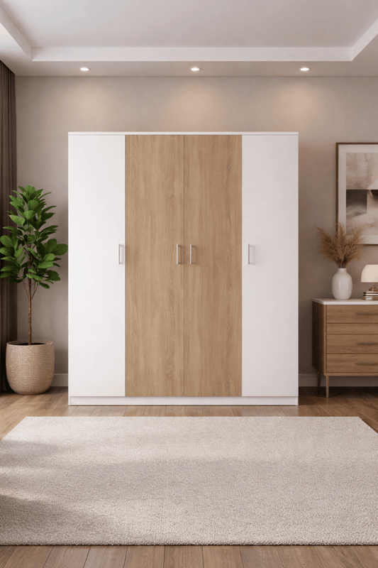 4 - Door Wardrobe – Modern Minimalist Design, White Frame + Sonoma Oak Doors, Melamine Finish, 160x50x210 cm – Brand New - althahanifurniture