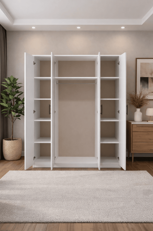 4 - Door Wardrobe – Modern Minimalist Design, White Frame + Sonoma Oak Doors, Melamine Finish, 160x50x210 cm – Brand New - althahanifurniture