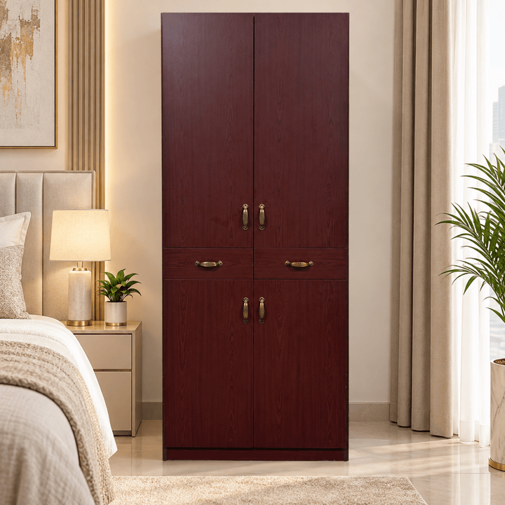 4-Door Wardrobe with 2 Drawers, Hanging Rail &amp; Shelves – Dark Mahogany Finish – 82 × 40 × 214 cm