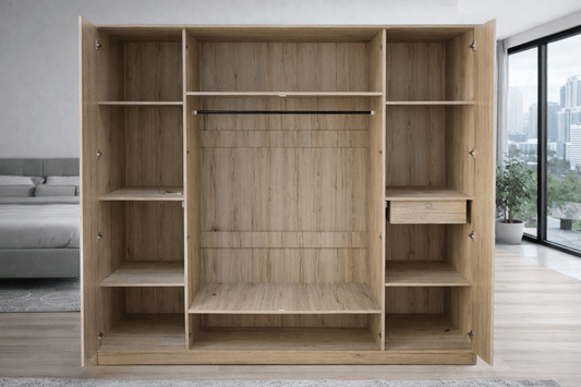 4 - Door Wooden Wardrobe with Mirrors & Textured Grid Panels – Beige/Oak, 200x200 cm - althahanifurniture