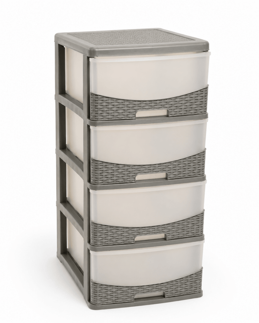 4-Drawer Plastic Storage Cabinet | Grey & White Rattan Style - Al Thahani Furniture