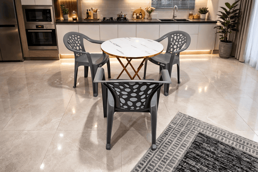 4 - Piece Dining Set – 3 Dark Grey Perforated Armchairs + Round Marble - Pattern Table with Gold Base - althahanifurniture
