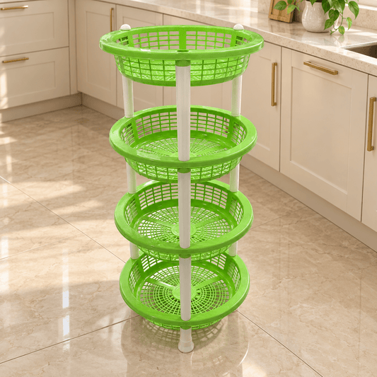 4-Tier Round Plastic Storage Basket Stand – Green & White - Al Thahani Furniture