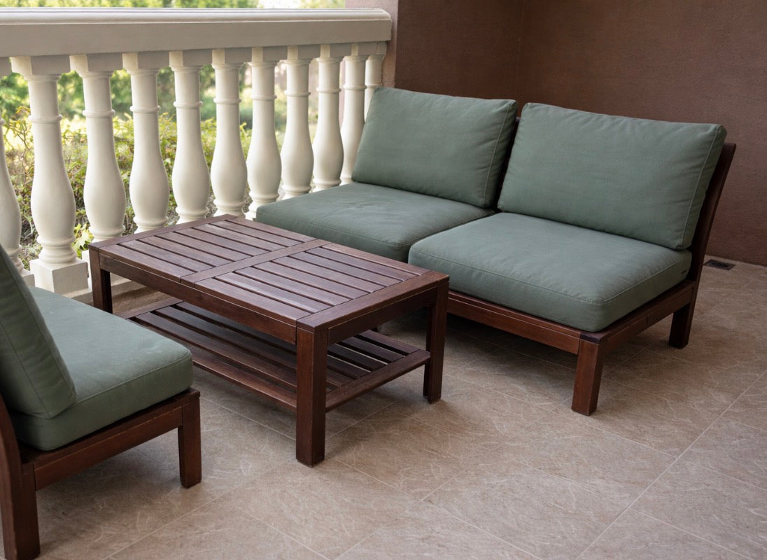 IKEA ÄPPLARÖ Modular Outdoor Patio Set – Dark Brown Acacia Wood, Green Cushions, Coffee Table