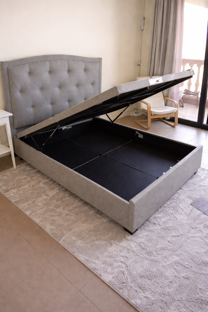 Modern Queen Hydraulic Storage Bed – Light Gray Upholstered, Button-Tufted Headboard + Mattress