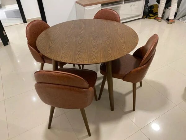 5 - Piece Round Dining Set | Walnut Table & Tan Faux Leather Chairs | Modern & Intimate - althahanifurniture