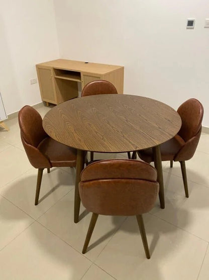 5 - Piece Round Dining Set | Walnut Table & Tan Faux Leather Chairs | Modern & Intimate - althahanifurniture