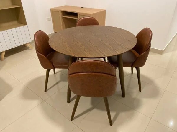 5 - Piece Round Dining Set | Walnut Table & Tan Faux Leather Chairs | Modern & Intimate - althahanifurniture