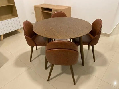 5 - Piece Round Dining Set | Walnut Table & Tan Faux Leather Chairs | Modern & Intimate - althahanifurniture