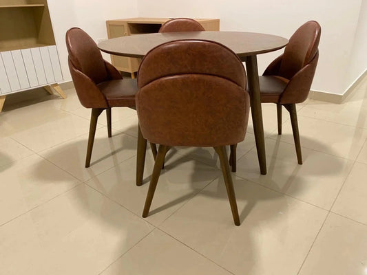 5 - Piece Round Dining Set | Walnut Table & Tan Faux Leather Chairs | Modern & Intimate - althahanifurniture