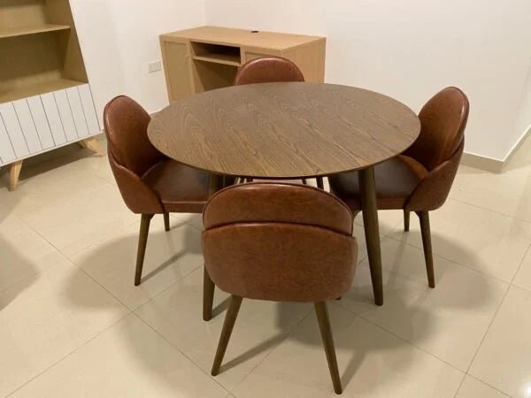 5 - Piece Round Dining Set | Walnut Table & Tan Faux Leather Chairs | Modern & Intimate - althahanifurniture