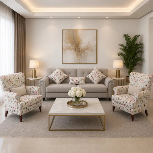 5-Seater Fabric Sofa Set | 3-Seater Sofa Bed & 2 Floral Wingback Armchairs, Beige - used 1.5 Years - Al Thahani Furniture