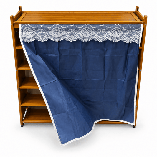 5-Tier Wooden Shoe Cabinet with Navy Blue Lace Curtain – Natural Brown - Al Thahani Furniture