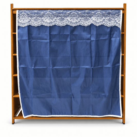 5-Tier Wooden Shoe Cabinet with Navy Blue Lace Curtain – Natural Brown - Al Thahani Furniture