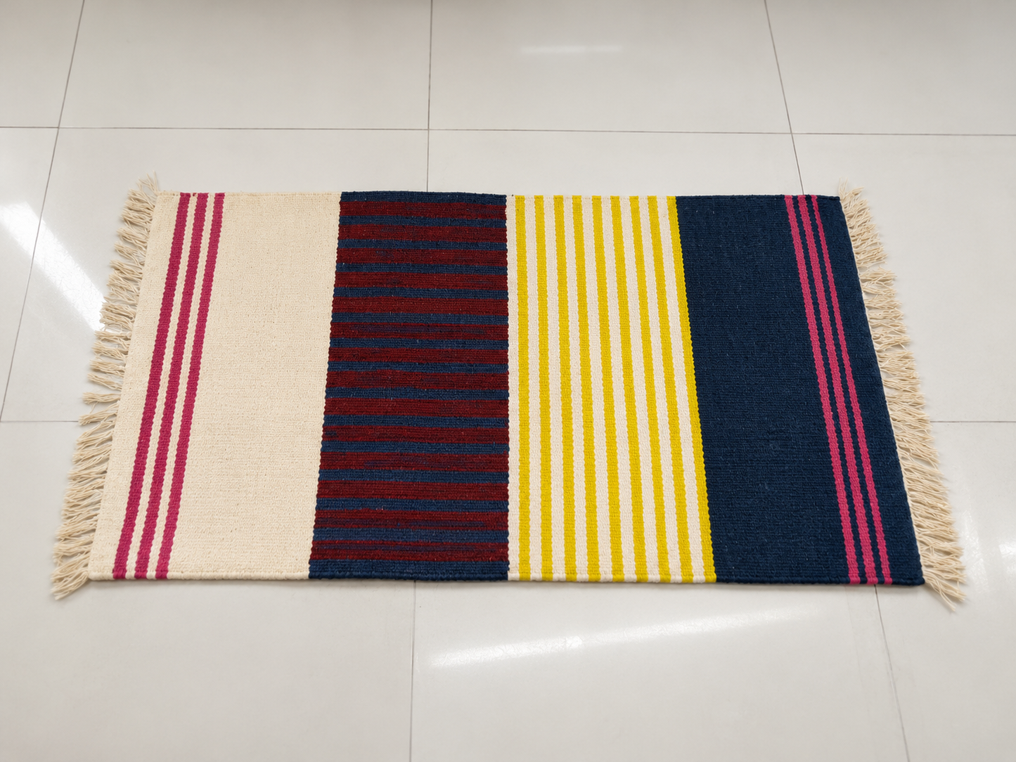 Multicolour Striped Handwoven Cotton Rug with Fringed Edges | 100x60 cm