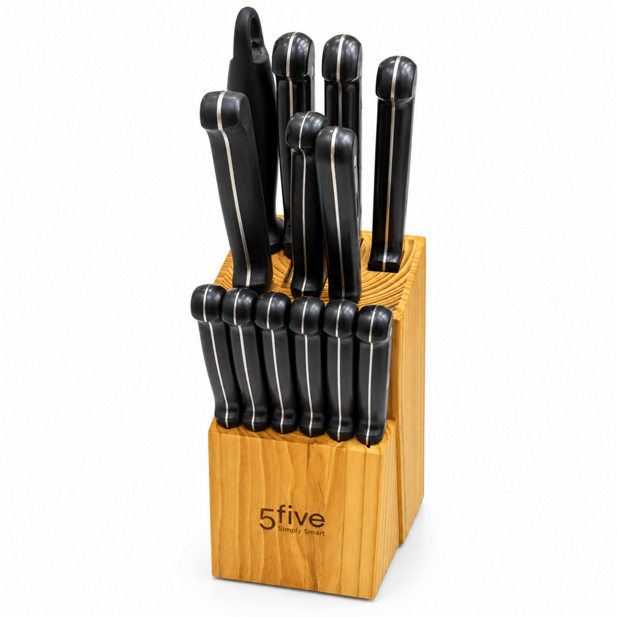 5five Simply Smart 13-Piece Stainless Steel Knife Set with Wooden Block – Black & Natural Wood - Al Thahani Furniture