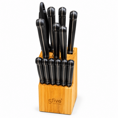 5five Simply Smart 13-Piece Stainless Steel Knife Set with Wooden Block – Black & Natural Wood - Al Thahani Furniture