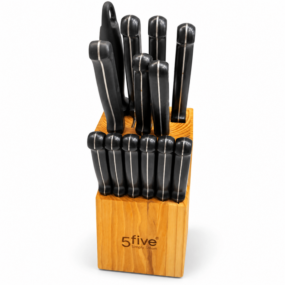 5five Simply Smart 13-Piece Stainless Steel Knife Set with Wooden Block – Black & Natural Wood - Al Thahani Furniture