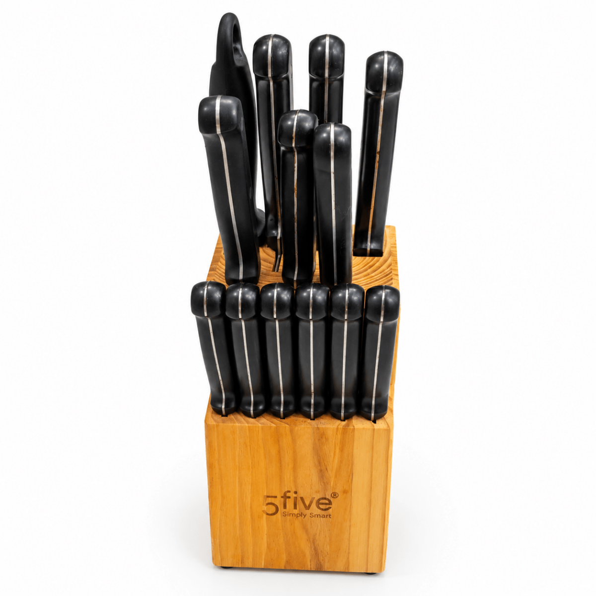 5five Simply Smart 13-Piece Stainless Steel Knife Set with Wooden Block – Black & Natural Wood - Al Thahani Furniture