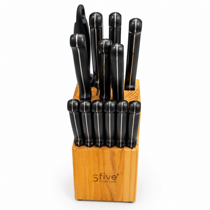 5five Simply Smart 13-Piece Stainless Steel Knife Set with Wooden Block – Black & Natural Wood - Al Thahani Furniture