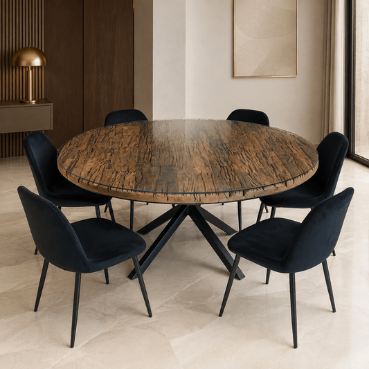 6-Seater Round Dining Set with Glass-Topped Rustic Wood Table &amp; Black Upholstered Chairs - Al Thahani Furniture