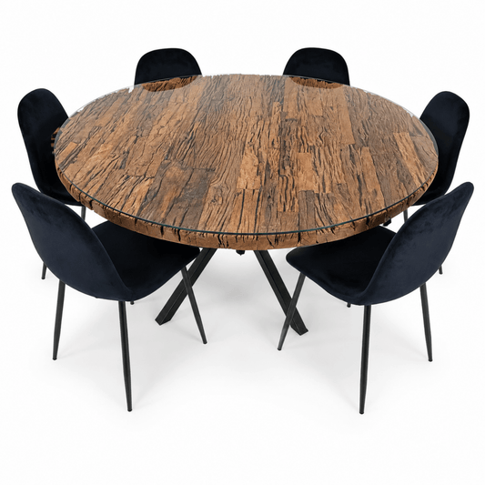 6-Seater Round Dining Set with Glass-Topped Rustic Wood Table &amp; Black Upholstered Chairs - Al Thahani Furniture