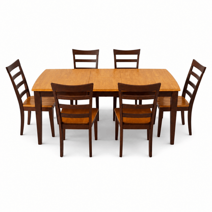 6-Seater Wooden Dining Table Set with 6 Ladder-Back Chairs | Two-Tone Brown - Al Thahani Furniture
