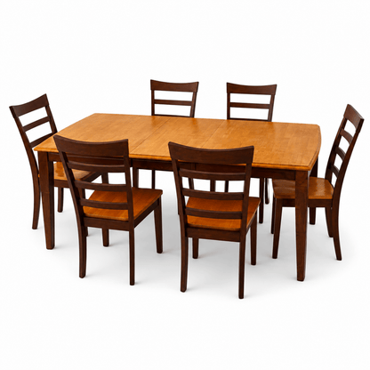 6-Seater Wooden Dining Table Set with 6 Ladder-Back Chairs | Two-Tone Brown - Al Thahani Furniture