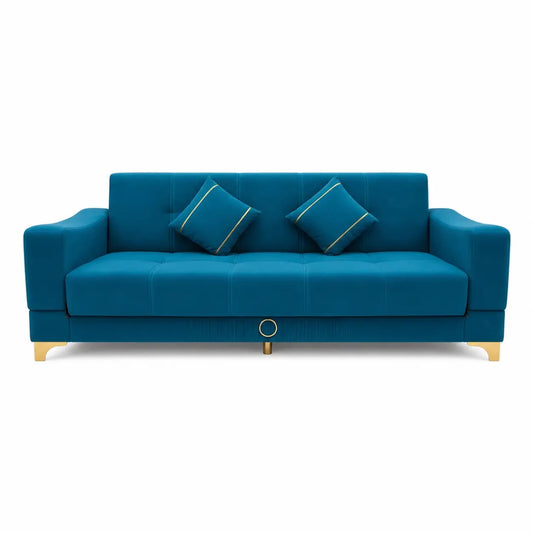 7-Seater Luxury Royal Blue Velvet Sofa Set | 3+2+1+1, Gold Trim - used 8 months - Al Thahani Furniture