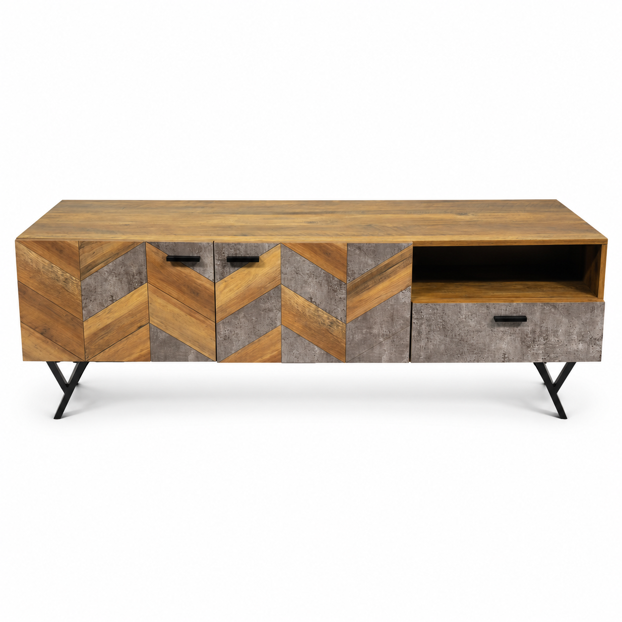 Industrial Chevron TV Unit with Storage – 150 × 45 × 53 cm