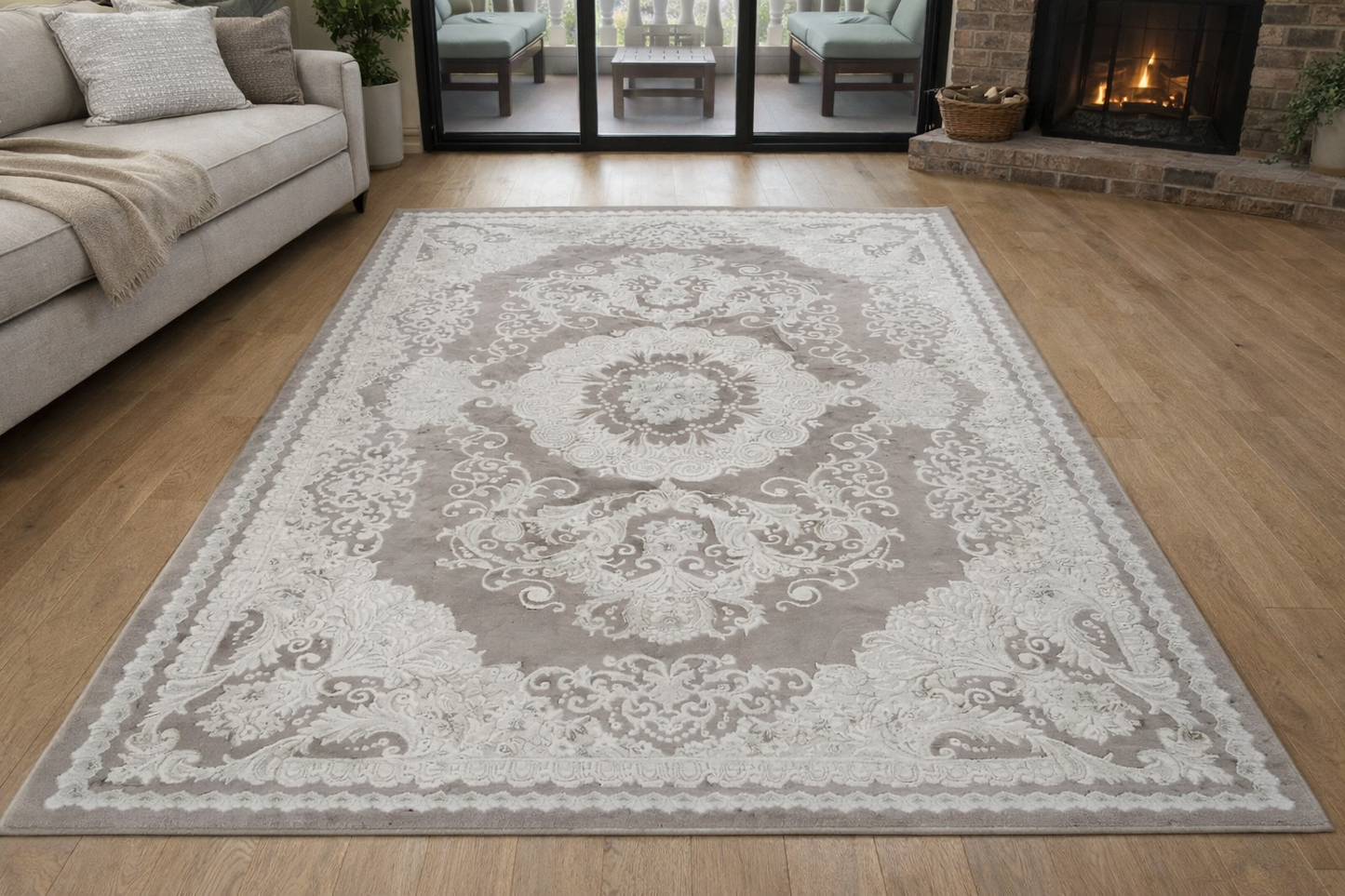 JONATHAN Y Rosalia Cottage Medallion Area Rug – Grey & Ivory Floral, 200x235 cm