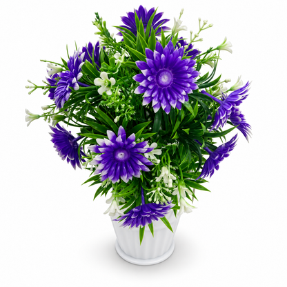 Artificial Purple Daisy Floral Arrangement in White Pot