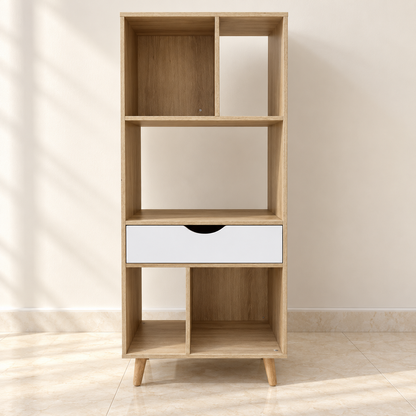 Home Centre Asymmetrical 5-Compartment Bookcase with Drawer – Natural Oak & White