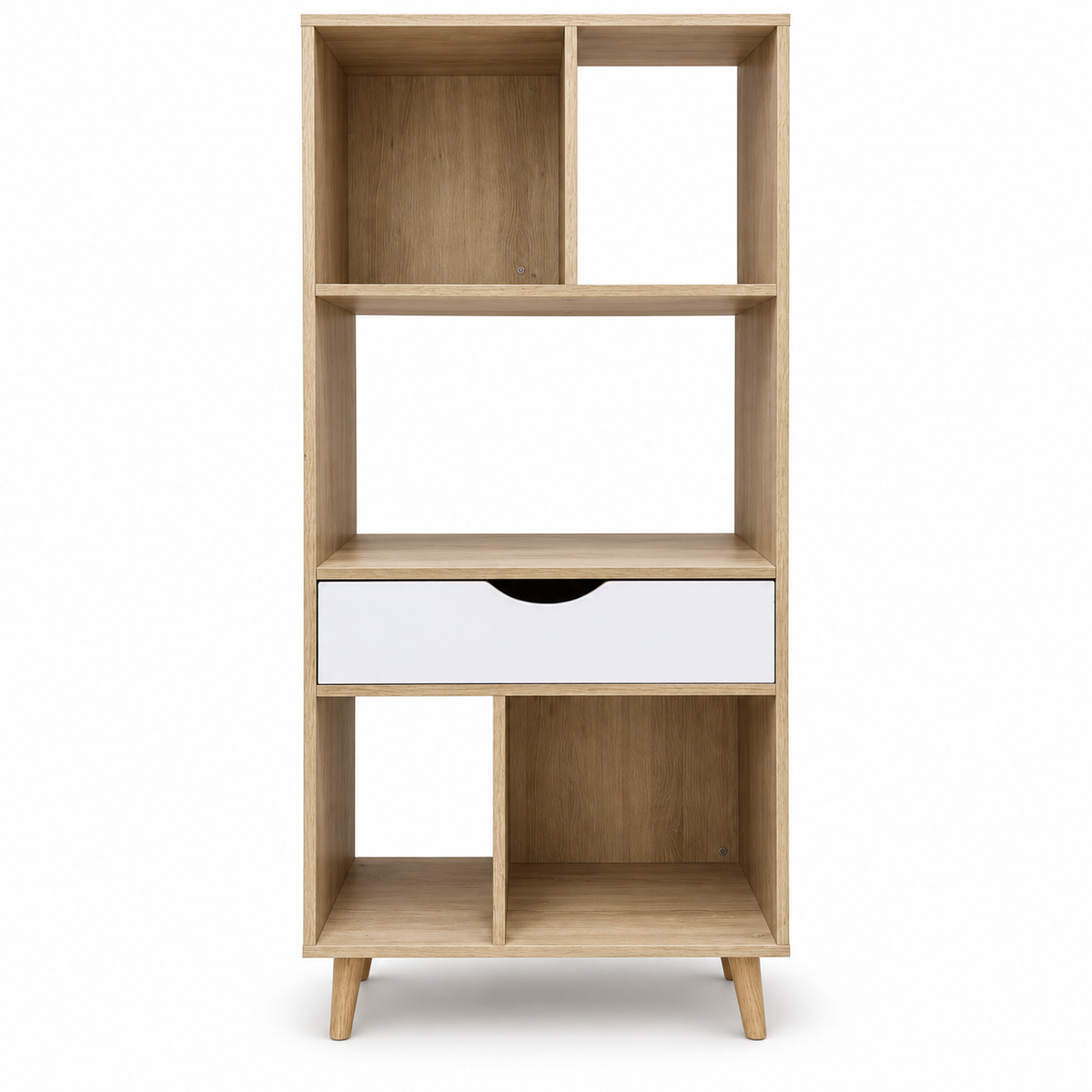 Home Centre Asymmetrical 5-Compartment Bookcase with Drawer – Natural Oak & White
