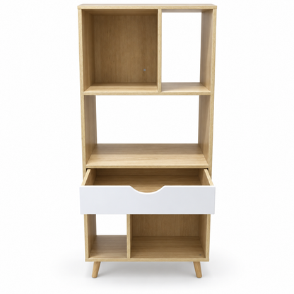 Home Centre Asymmetrical 5-Compartment Bookcase with Drawer – Natural Oak & White