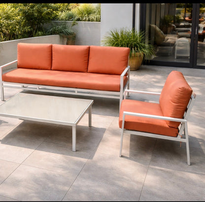 Home Emberr Outdoor Sofa Set – 3+1+1 with Coffee Table, White Aluminum Frame, Orange Cushions