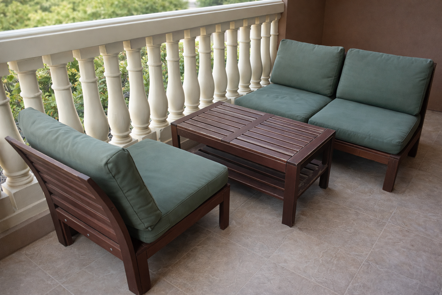 IKEA ÄPPLARÖ Modular Outdoor Patio Set – Dark Brown Acacia Wood, Green Cushions, Coffee Table