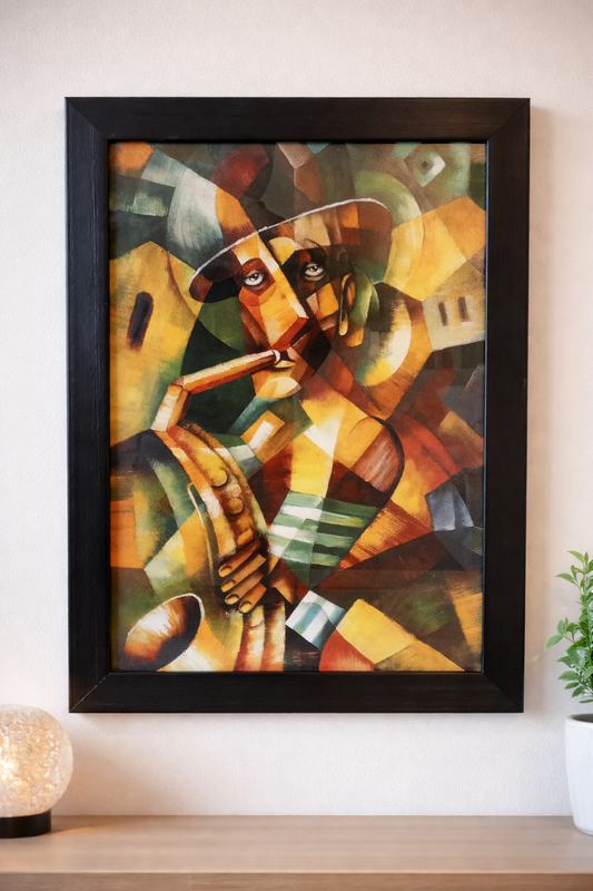 "Saxo" by Jean-Luc Portet – Framed Cubist Saxophone Art, 42x62 cm, Black Wood Frame